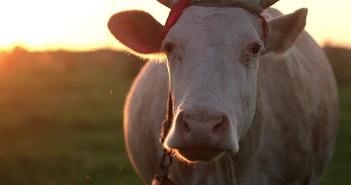 Front View of Milk Cow looking into camera standing on Sunset Meadow. Beautiful Cattle with Big Ears Grazing on Pasture. Countryside Landscape. Sunbeams on Cow. Domestic Animal Portrait. Husbandry.