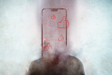 Social media and mental health concept. A man's head with a phone and icons with a blurred, grunge, abstract edit