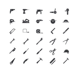 Black filled vector repair tools icon set isolated on white transparent background.