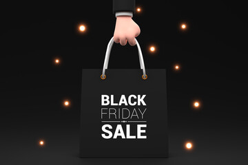 Black friday horizontal banner with cartoon human hand holding black shopping bag with white text. Black friday background. 3d render illustration