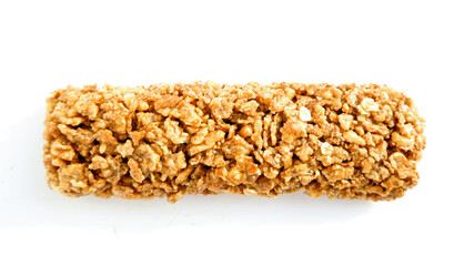 Сereal bar on white background. Healthy dessert snack. Top view. 