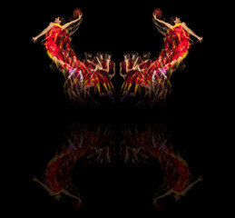 Obraz premium Development of movements with reflection, mirror effect. Collage of images of one young man, male basketball player in motion isolated on dark background.