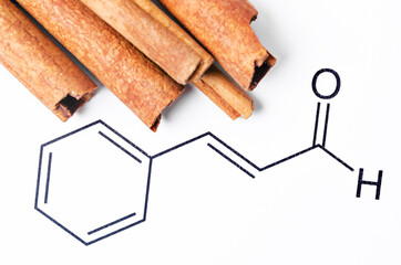 Aromatic cinnamon and Cinnamaldehyde, chemical structure and formula.