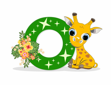 Cute Cartoon little giraffe with letter O. Perfect for greeting cards, party invitations, posters, stickers, pin, scrapbooking, icons.