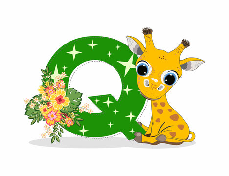 Cute Cartoon little giraffe with letter Q. Perfect for greeting cards, party invitations, posters, stickers, pin, scrapbooking, icons.
