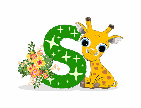 Cute Cartoon little giraffe with letter S. Perfect for greeting cards, party invitations, posters, stickers, pin, scrapbooking, icons.