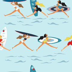Seamless pattern of girls riding a surf. Girl surfers in bikini seamless pattern in vector. Vector illustration - 447907114