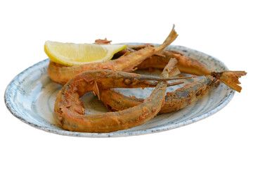 Fried Fish Garfish Belone on plate. Arrow fish