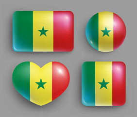 Set of glossy buttons with Senegal country flag. Western Africa country national flag, shiny geometric shape badges. Senegal symbols in patriotic colors realistic vector illustration