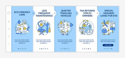 Eco-friendly tax returns onboarding vector template. Responsive mobile website with icons. Web page walkthrough 5 step screens. EV service advantages color concept with linear illustrations