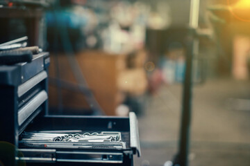 Tool box in the garage, the concept of the technical equipment of the car service.