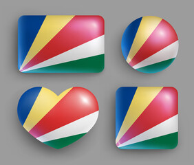 Set of glossy buttons with Seychelles country flag. Eastern Africa Island state national flag, shiny geometric shape badges. Seychelles symbols in patriotic colors realistic vector illustration