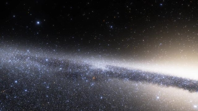 Spaceship travelling at the speed of light through a galaxy in space. Billions of stars in the Milky Way or Andromeda galaxy