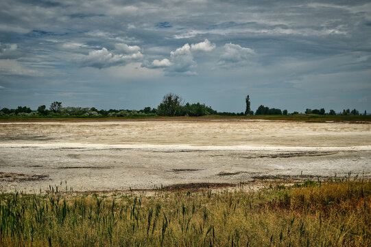 grassland with dry salt lake in pannonian national reserve parkia