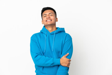 Young Ecuadorian man isolated on white background laughing