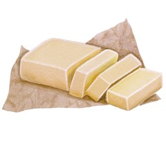 Watercolor illustration butter slice. Hand draw delicious ingredient. Cartoon butter. Logo design vegetarian and pastry shop. Food. Traditional bakery ingredient