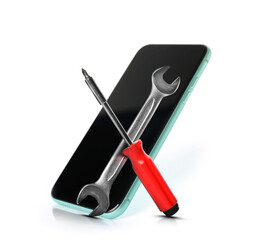 Repairing service. Modern smartphone, wrench and screwdriver on white background