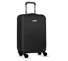 Suitcase white background. Black plastic luggage or vacation baggage bag collection isolated. Copy space of summer vacation and business travel concept.