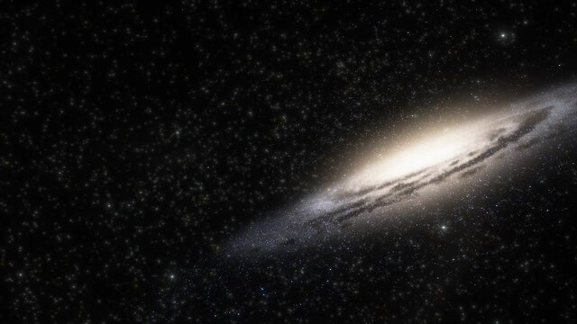 Spaceship travelling at the speed of light through a galaxy in space. Billions of stars in the Milky Way or Andromeda galaxy