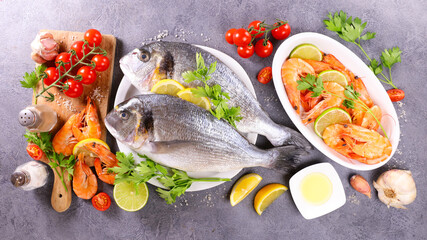 seafood- fresh fish with dorado, shrimp and ingredients
