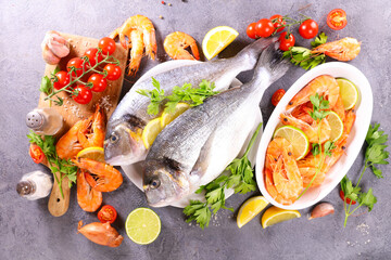 seafood- fresh fish with dorado, shrimp and ingredients