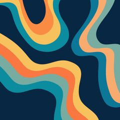 Abstract retro style illustration of colorful (blue, orange, navy blue, yellow, turquoise) waves decoration on dark blue background