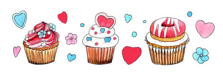 Set of cute sweet dessert. Maffin, cupcake, donat dessert. Cartoon style. Watercolor hand painting illustrations, isolated