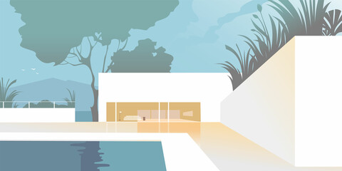 White country house, swimming pool. Summer. Modern residential architecture, abstract flat vector illustration. Background layout for landing page, banner or postcard design.