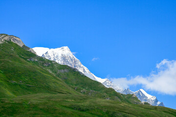 Fototapeta premium View of the Mont Blanc massif. Snowcapped rocky peak. View of a mountain range in summer or winter with snow at the top. Pastures in the foreground.