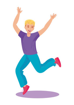 Happy dlond boy wearing sportswear dancing, jumping with hand up. Teenager dancer. Hobby, sport activity, fitness. Vector illustration, cartoon character. Icon, simbol, design element