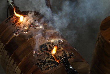 Making art texture on surface of wooden furniture by electric short circuit with baking soda...