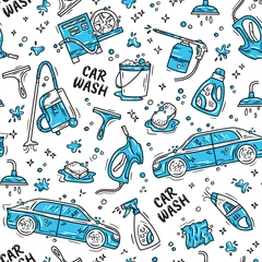 Fotobehang Car wash and detaling seamless pattern with icons in the Doodle style, hand drawing. Auto with high-pressure washer and vacuum cleaner. © kanvictory