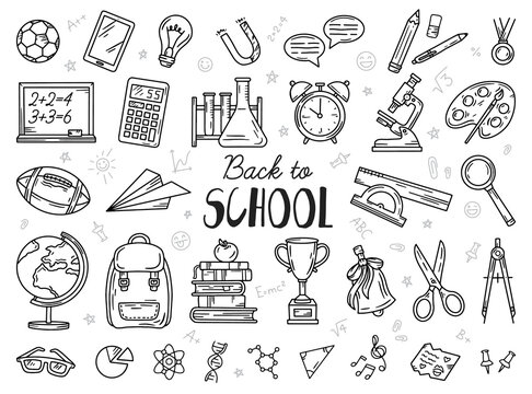 Back to school set of vector icons. A collection of linear elements of education in the doodle style. Objects drawn by hand on the day of knowledge. A ruler, a backpack and a globe.