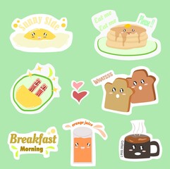 Set of sticker illustrations for journaling. Breakfast in the morning sticker set. Signs, symbols, objects for scheduler or organizer