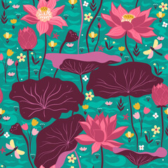 Seamless pattern with lotuses and aquatic plants. Vector graphics.