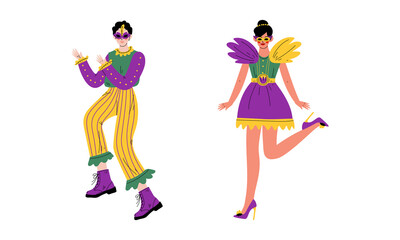 Fototapeta na wymiar Man and Woman in Bright Costumes for Circus Show or Entertaining Performance Vector Set