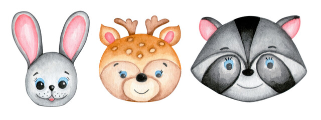Obraz premium Little cute raccoon, rabbit and deer. Hand drawn watercolor isolated on white background