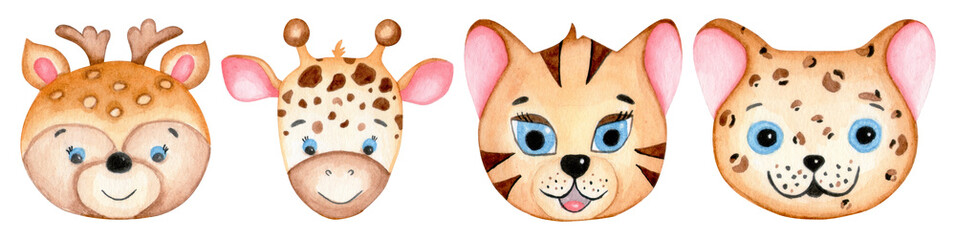 Set of little cute tiger, leopard, giraffe and deer. Hand drawn watercolor isolated on white background