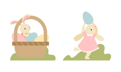 Cute Easter Bunny with Egg in Wicker Basket Vector Set