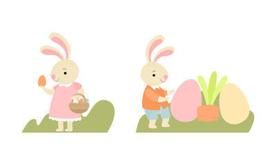 Cute Easter Bunny with Egg in Wicker Basket Vector Set
