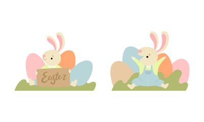 Cute Easter Bunny with Long Ears Sitting Among Egg Vector Set