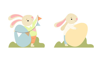 Cute Easter Bunny with Long Ears with Big Egg and Flag Garland Vector Set
