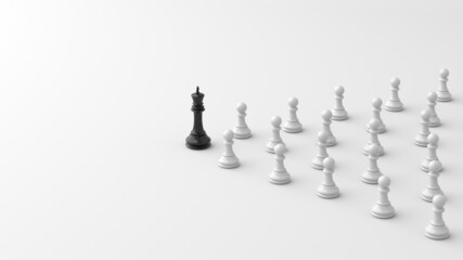 Leadership concept, black king of chess, standing out from the crowd of white pawns, on white background with empty copy space. 3D Rendering