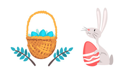 Funny Easter Bunny with Long Ears and Grey Coat with Decorated Egg in Wicker Basket Vector Set