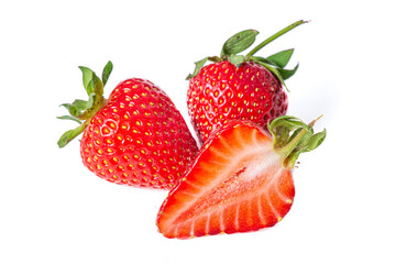 Strawberry isolated. Strawberries isolate. Whole, half, cut strawberry on white. Strawberries isolate. Side view organic strawberries.