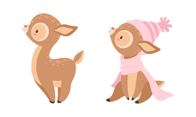 Cute Baby Deer with Spots as Adorable Hoofed Mammal Standing and Wearing Knitted Hat and Scarf Vector Set