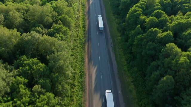 Trucks with trailers go one after another on the asphalted track, rear view. Doing business, prompt delivery of export cargoes to the destination. High quality. 4k footage.