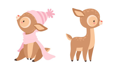 Cute Baby Deer with Spots as Adorable Hoofed Mammal Standing and Wearing Knitted Hat and Scarf Vector Set