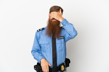 Redhead police man isolated on white background covering eyes by hands. Do not want to see something