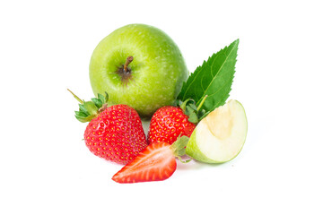 Juicy apple and ripe strawberries. Healthy food ingredients. Summer fruits on a white background. Apple and strawberry slices. Apple and strawberry fresh. Baby food.